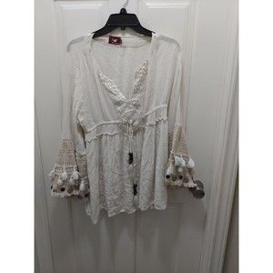 Bohemian boho Avanti blouse shirt size m Cream tan beige fringe